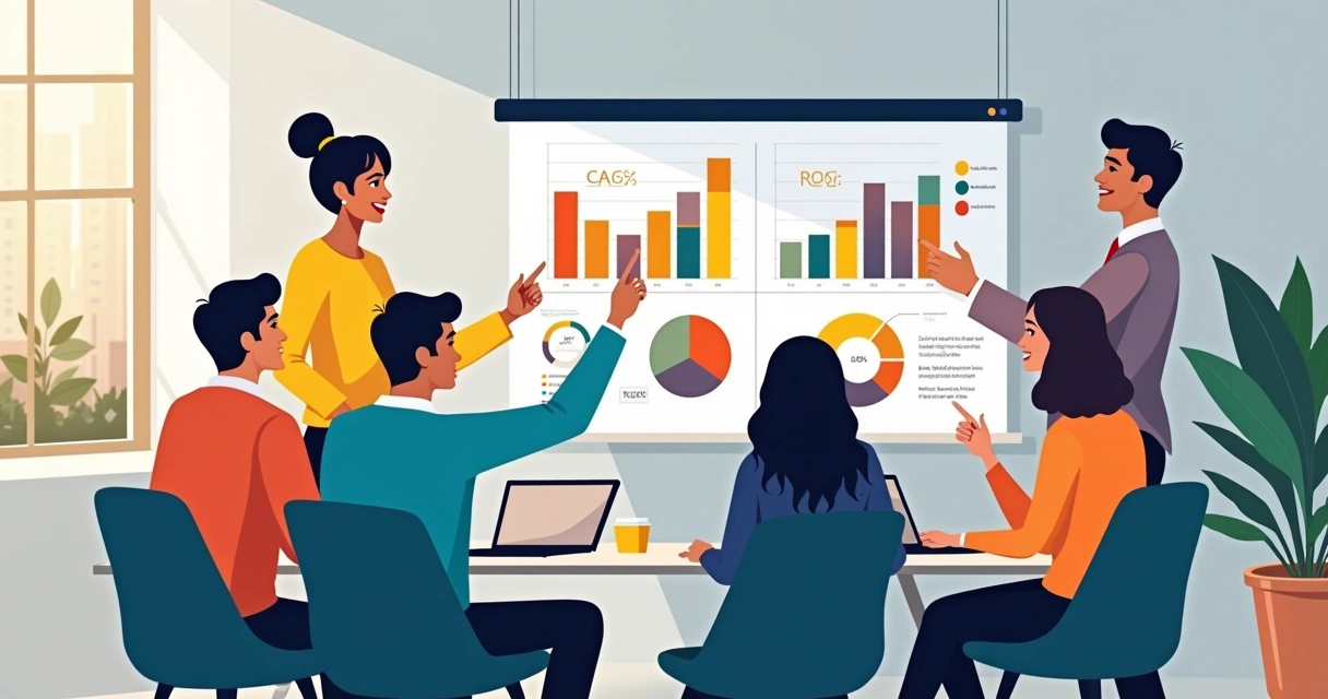 Equipe analisando gráficos e métricas digitais perto de um quadro branco 