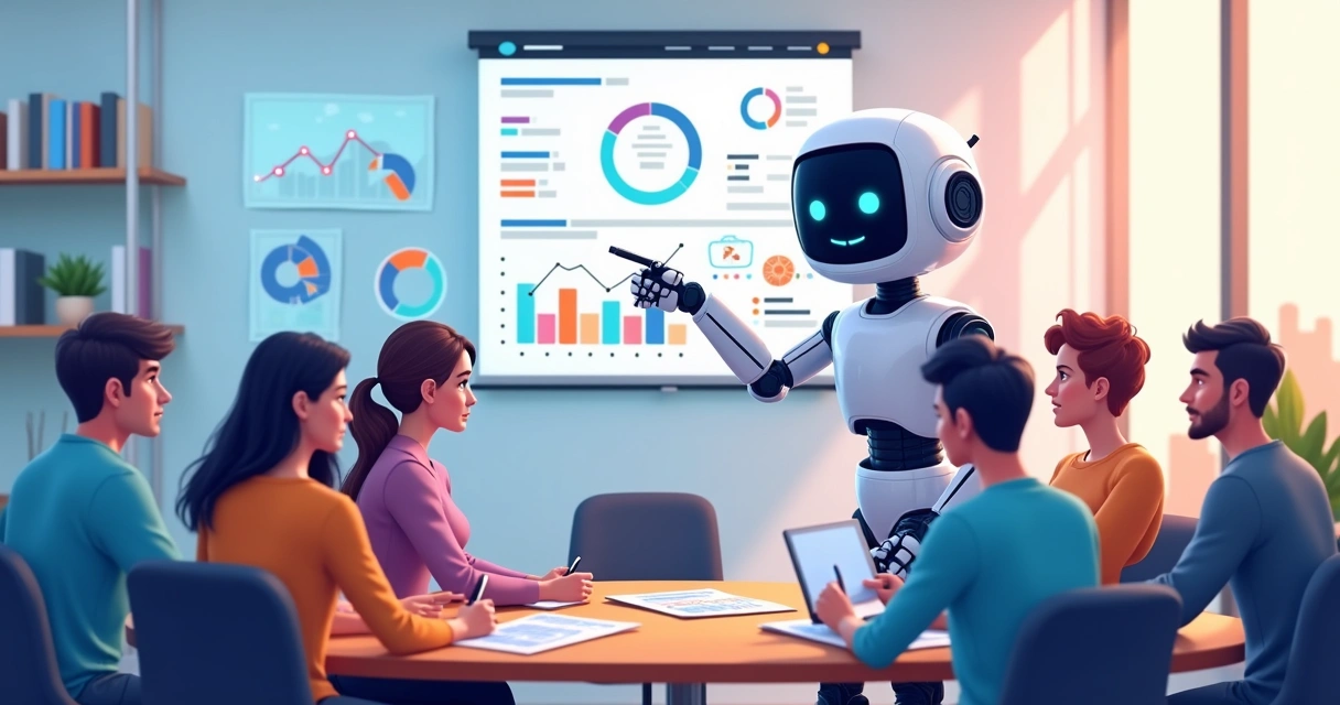 Robô representando automação digital em uma mesa de reunião com equipe startup 