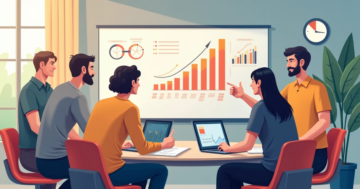 Equipe de consultoria em reunião estratégica com gráficos na parede