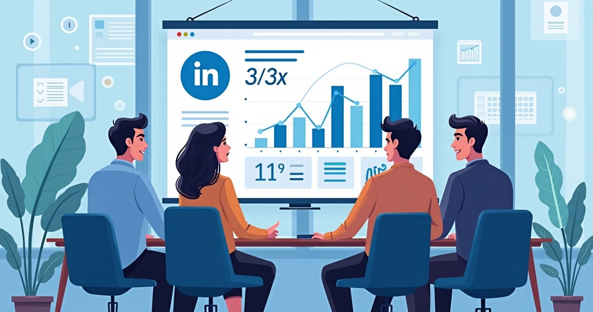 Postagem de startup no LinkedIn com gráficos de engajamento e equipe reunida 