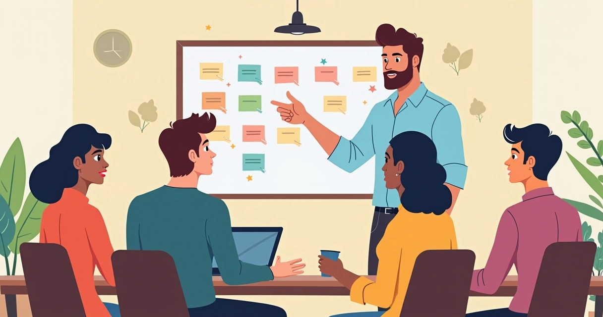 Empreendedor ouvindo feedback de grupos de usuários em ambiente de startup, todos interagindo em um painel de ideias. 