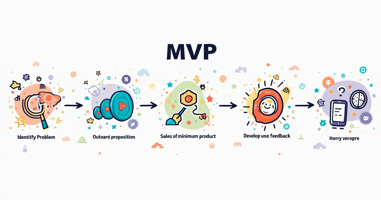 Fluxograma colorido e criativo mostrando as etapas do processo de criação de um MVP, com destaques nas fases de definição, desenvolvimento e validação. 