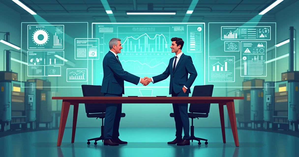 Aperto de mãos entre executivo de indústria e empreendedora de startup dentro de fábrica moderna 