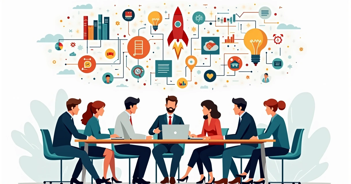 Pesquisadores, empreendedores e agentes de negócios discutindo inovação com elementos gráficos conectando ciência e startups 