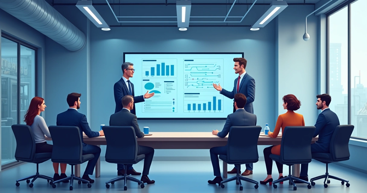 Mentoria sobre digitalização em uma sala de indústria tradicional com telas digitais 
