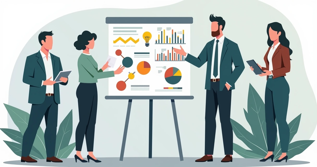 Pesquisador apresentando ideias a investidores e grupo de empreendedores, gráficos e ideias no quadro. 