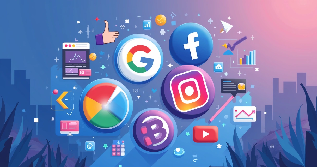 Elementos visuais dos principais canais de anúncios digitais: Google, Facebook, Instagram e TikTok 