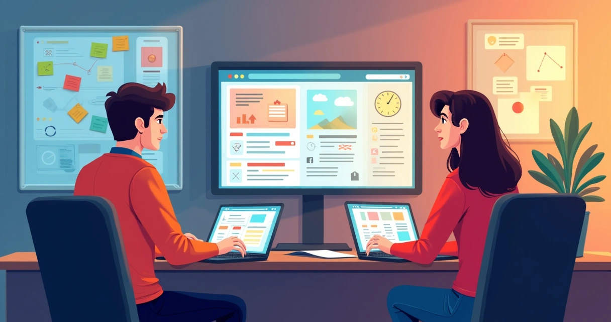 Jovens em uma sala moderna desenvolvendo MVP em notebooks, com telas exibindo ferramentas no-code. 