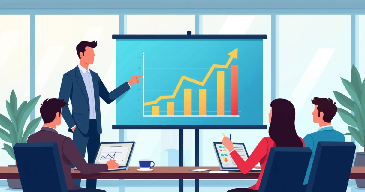 Mentor apontando para gráficos de crescimento em tela na frente de participantes atentos 