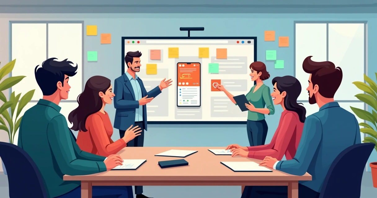 Pequena equipe apresenta um MVP simples para um público em ambiente moderno, com tela mostrando interface digital. 