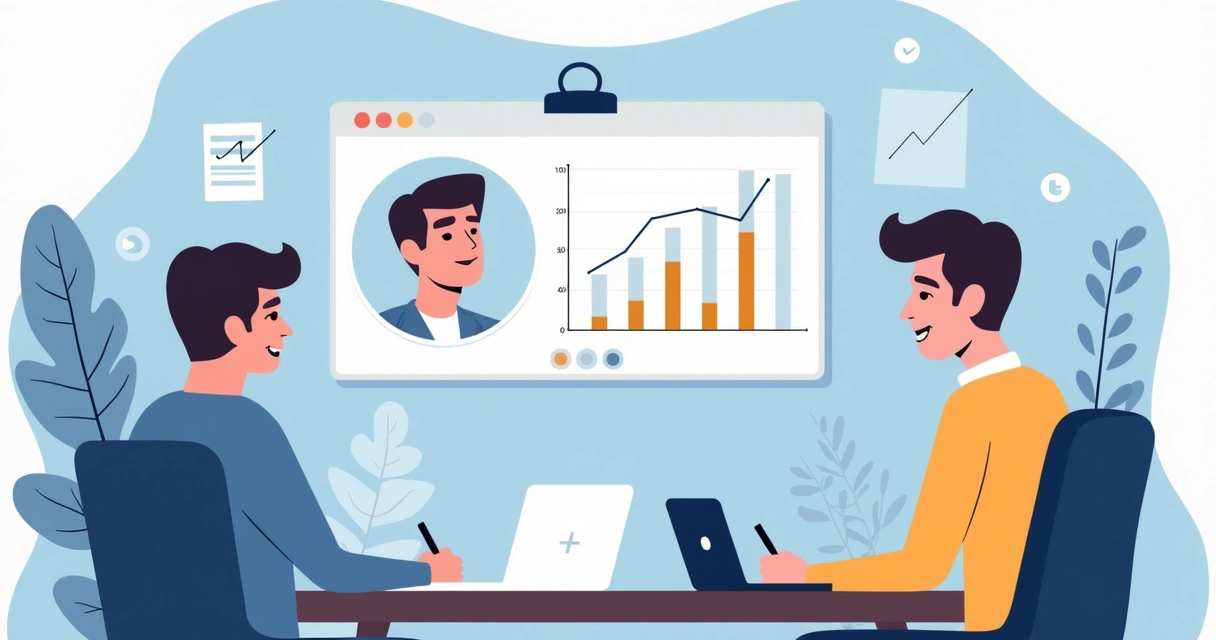 Mentor orientando startup em sessão de mentoria online com quadro digital ao fundo