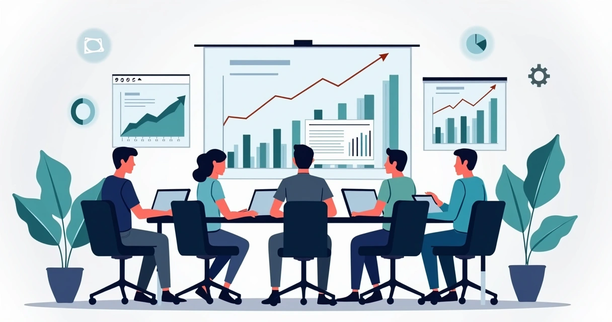 Equipe de vendas utilizando ferramentas digitais em uma mesa de reuniões 